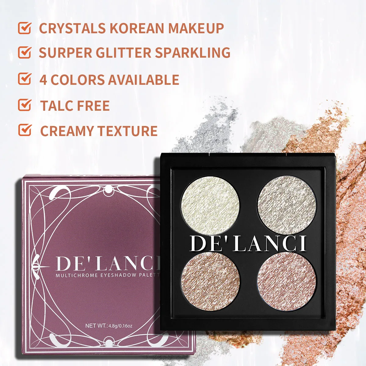 Glitter Shimmer Metallic Eyeshadow Palette 4 Color,DE\'LANCI Diamond Pearl Shiny Bling Korean Makeup for Eye/Face/Highlighter