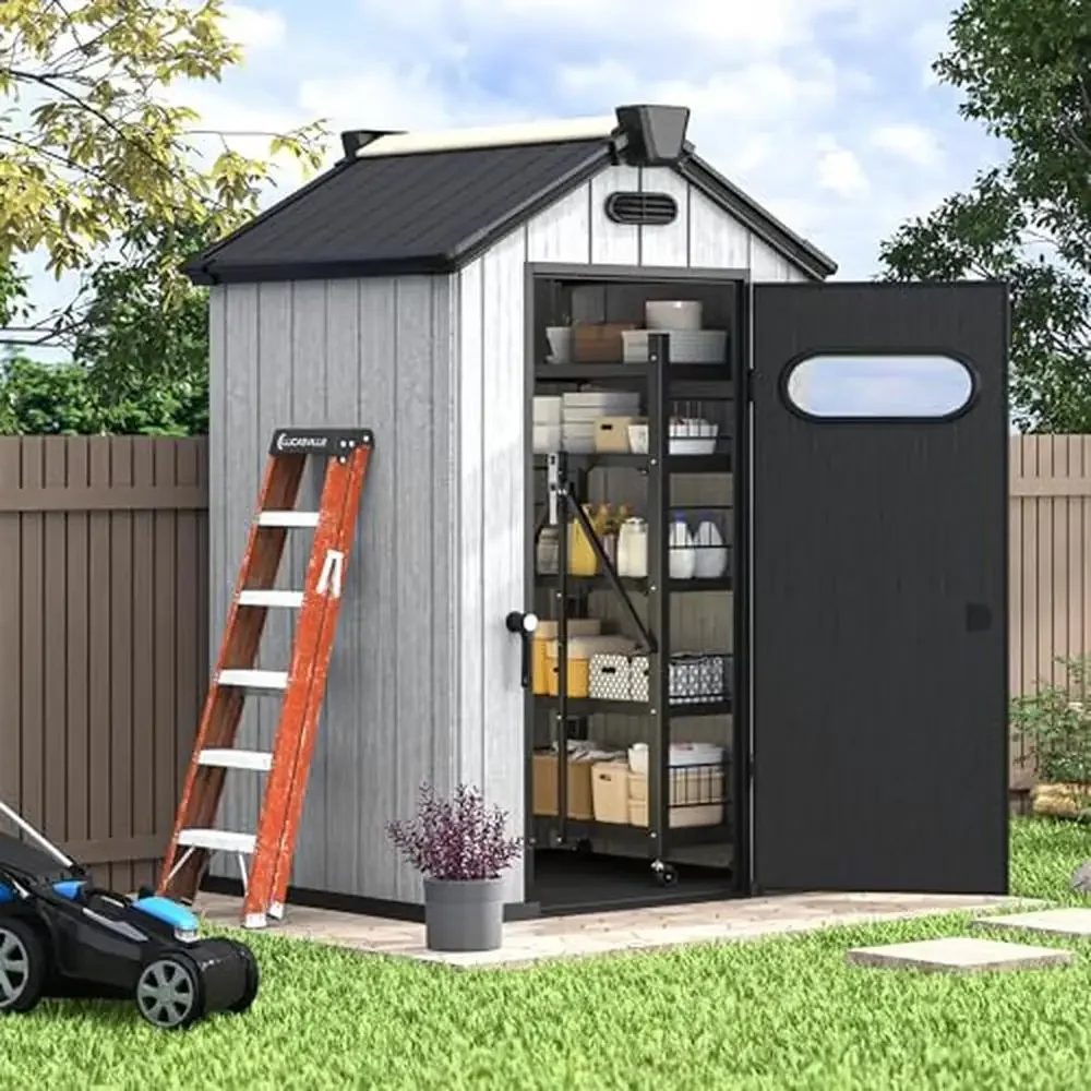 Outdoor Resin Storage Shed 4x4 ft Weather-Resistant Solution Floor Vents Windows Skylights Lockable Eco-Friendly Air Circulation