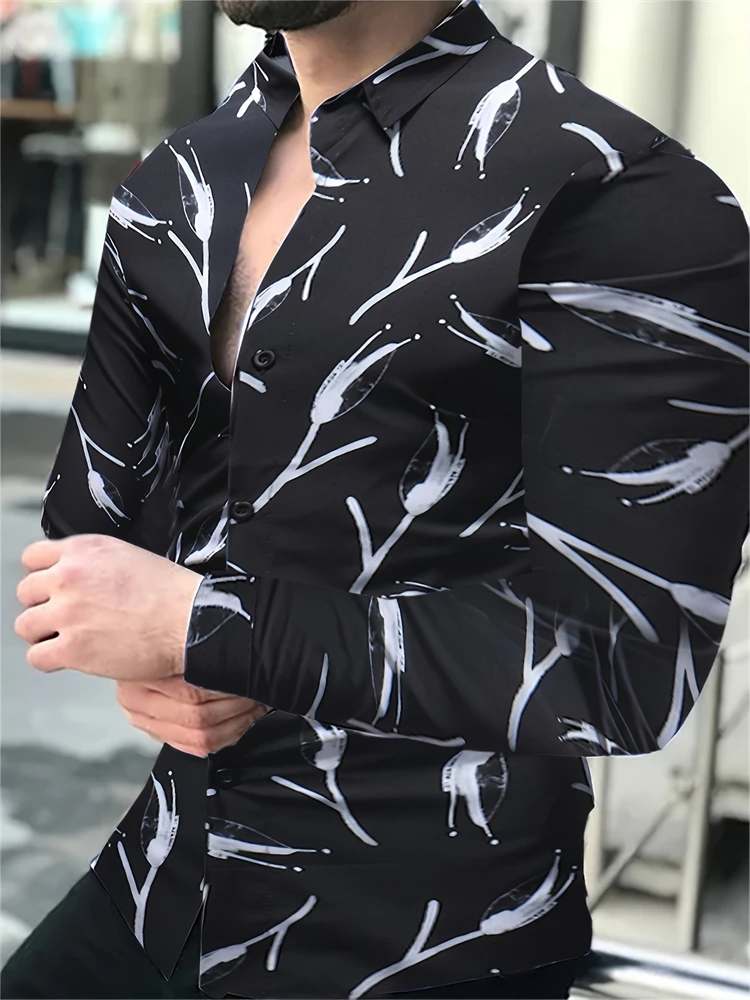 Camisa de manga larga con estampado de textura para hombres de negocios con solapa, ropa de fiesta informal diaria, ropa de primavera y verano, camisa transpirable