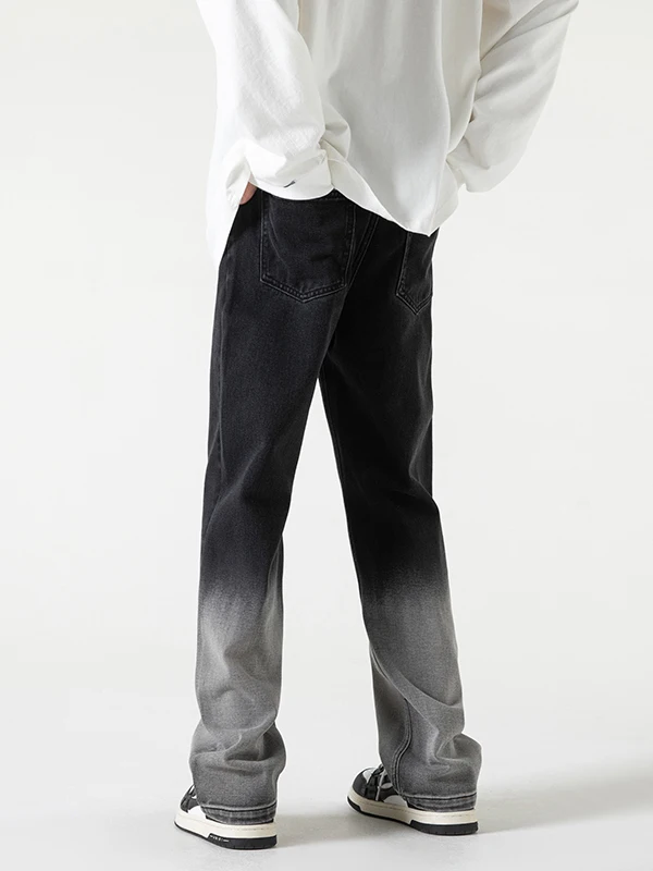 

Graduated Grey Black Denim Jeans Men's American Retro Hiphop High Street Straight Leg Long Trousers Fashion Design Sensation