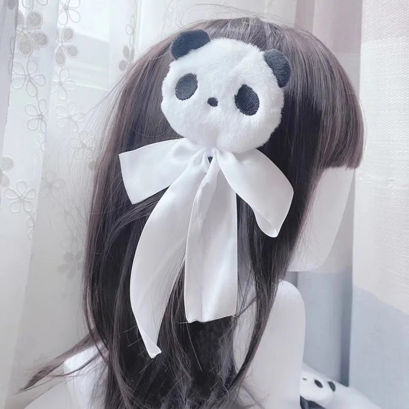 1pc Women Girl Kids Sweet Plush Bowknot Hair Pin Chinese Style Panda Hair Clips Plush Barrette Toy Lolita Hair Accessories
