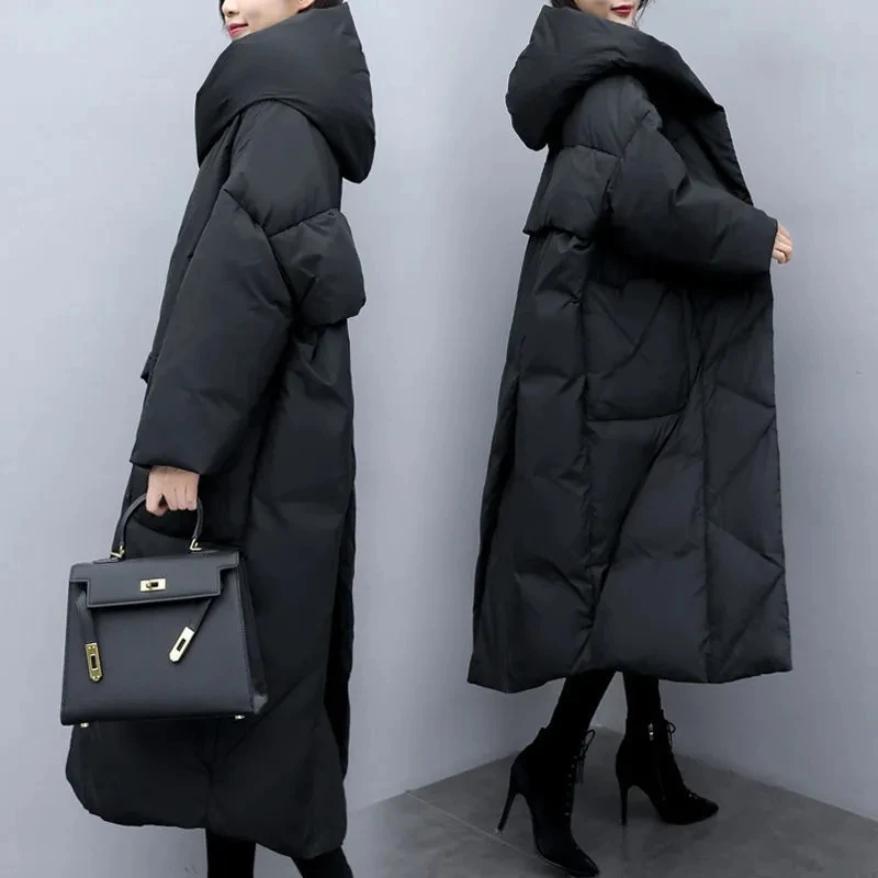 Winter Puffer Jacket Korean Loose Thick Warm Black Hooded Coat 2023 Women Down Cotton Parkas Women Long Overcoat Parka Outerwear