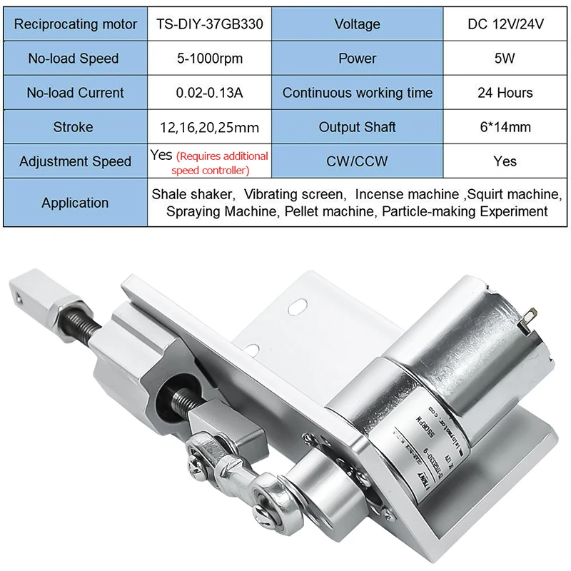 Small DIY Design Reciprocating Cycle Linear Actuator with DC Gear Motor 12V 24 Volt Stroke 12/16/20/25mm Adjustable 5~1000 Rpm