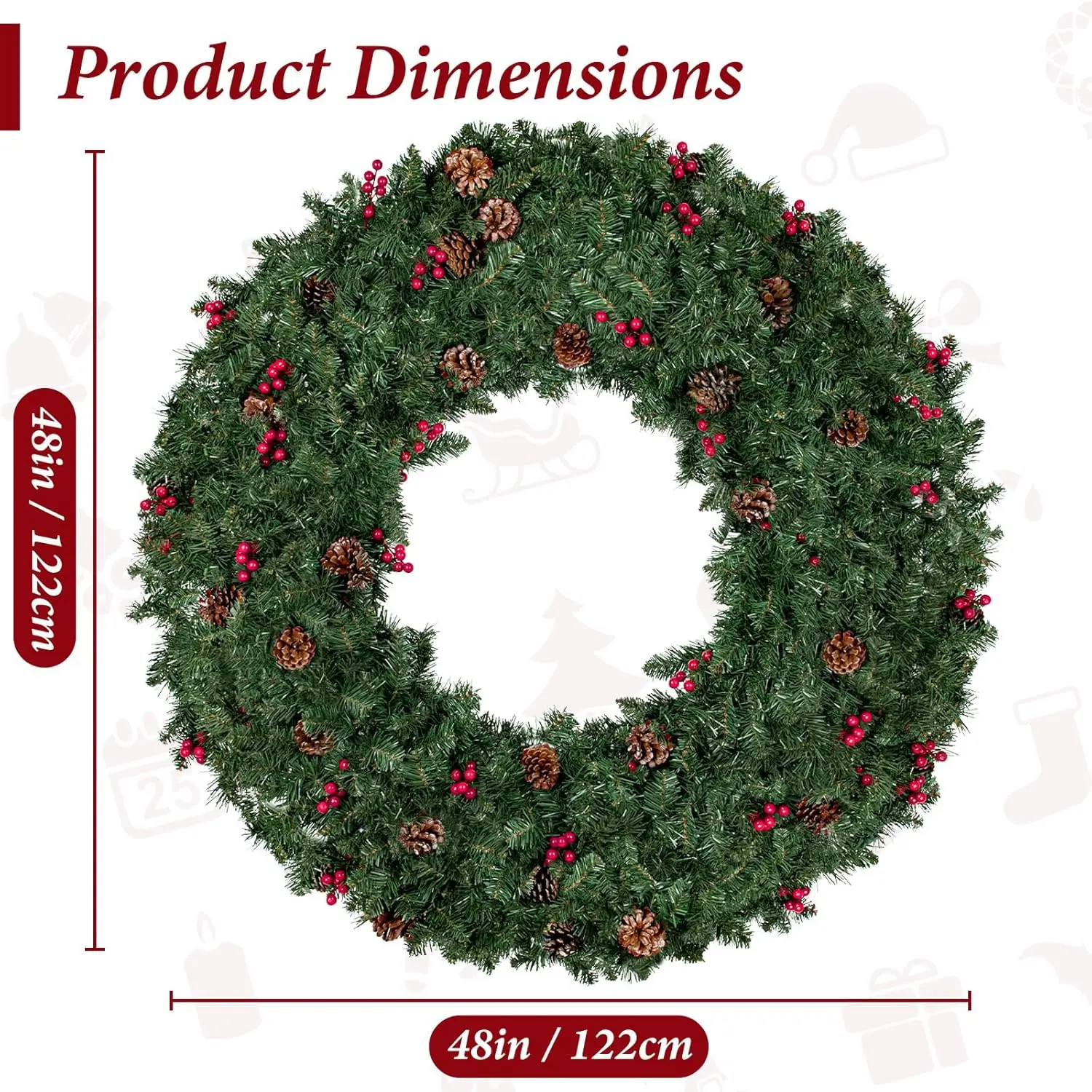 48in Large Artificial Pre-Lit Christmas Wreath, 240 LED Warm White Lights & 630 PVC Tips, Xmas Wreath Holiday Accent Decor