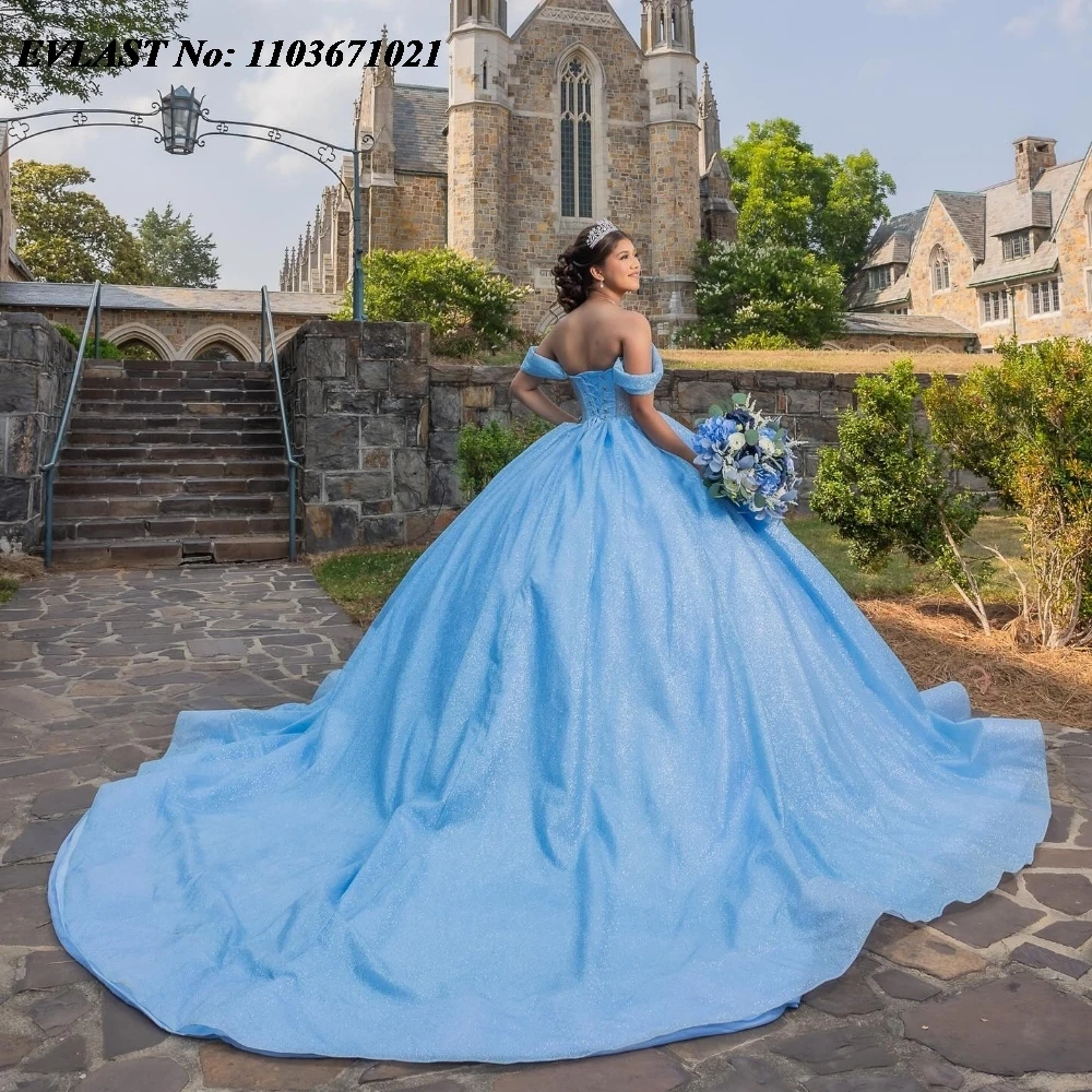 EVLAST Glitter Sky Blue Quinceanera Dress Ball Gown Shiny Applique Beaded Corset Sweet 16 Vestidos De 15 Anos Customized SQ791