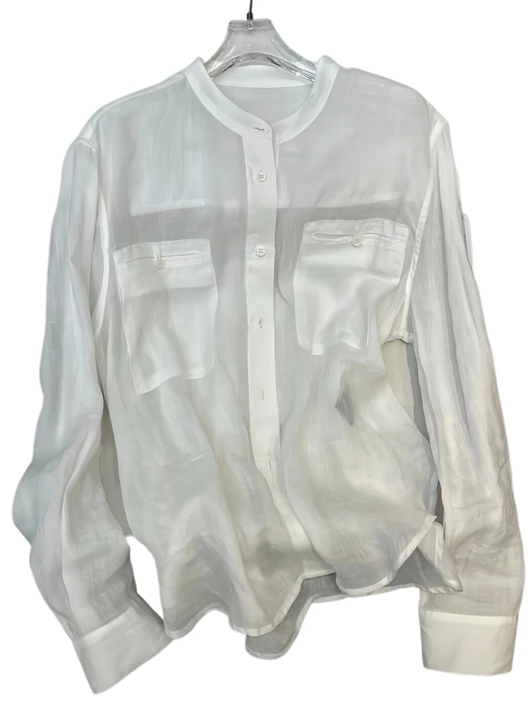 Casual Linen Cotton Blend Women's Shirt Thin Stand Collar Summer Fashionable Sun Protection Breathable Long Sleeve Pure Color