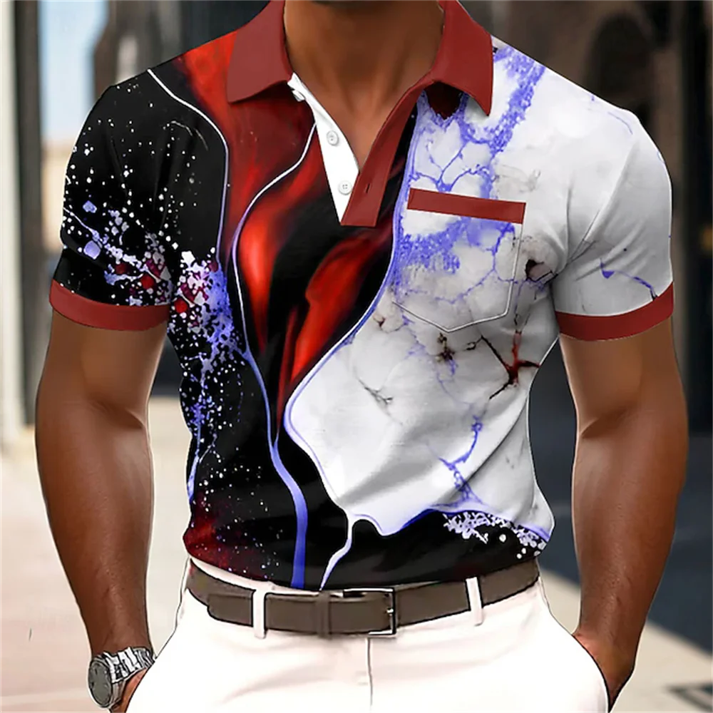 New men's short sleeved polo shirt with contrasting fluid marble art print and wine red lapel casual top
