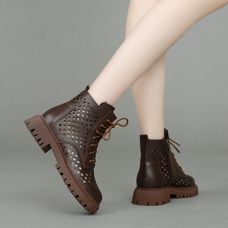 أحذية مارتن نسائية صيفية قصيرة ذات قاعدة مسطحة ومجوفة وقابلة للتنفس، مصنوعة من الجلد الطبيعي بأسلوب بريطاني من جلد البقر