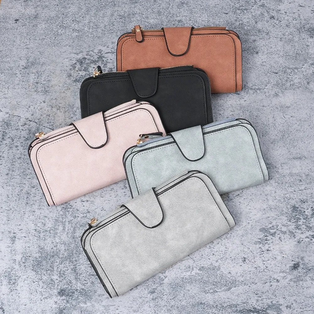 

Fashion Frosted Leather Women Wallet Long Solid Color Zip Purse Multi-card Phone Money Clip Women