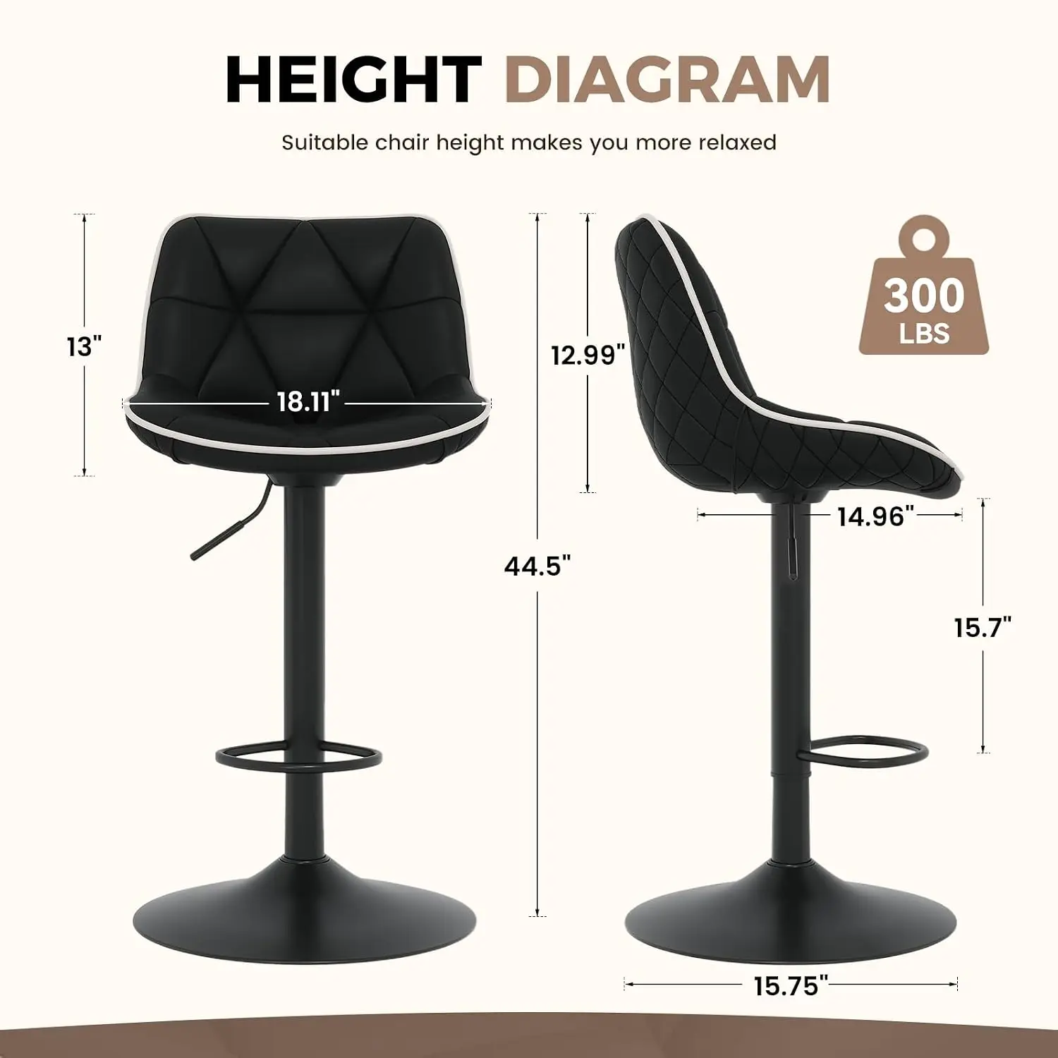 Adjustable Swivel Bar Stool Set With Back, Armless Modern Upholstered Seat For Kitchen Island & Home Bar, Customized