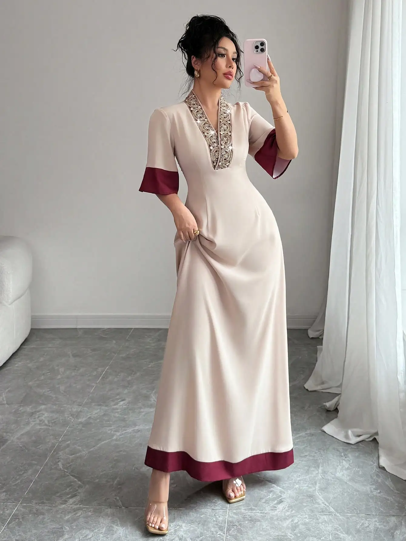 

Elegant V-Neck Maxi Dress with Embroidered Collar and Color Block Cuffs