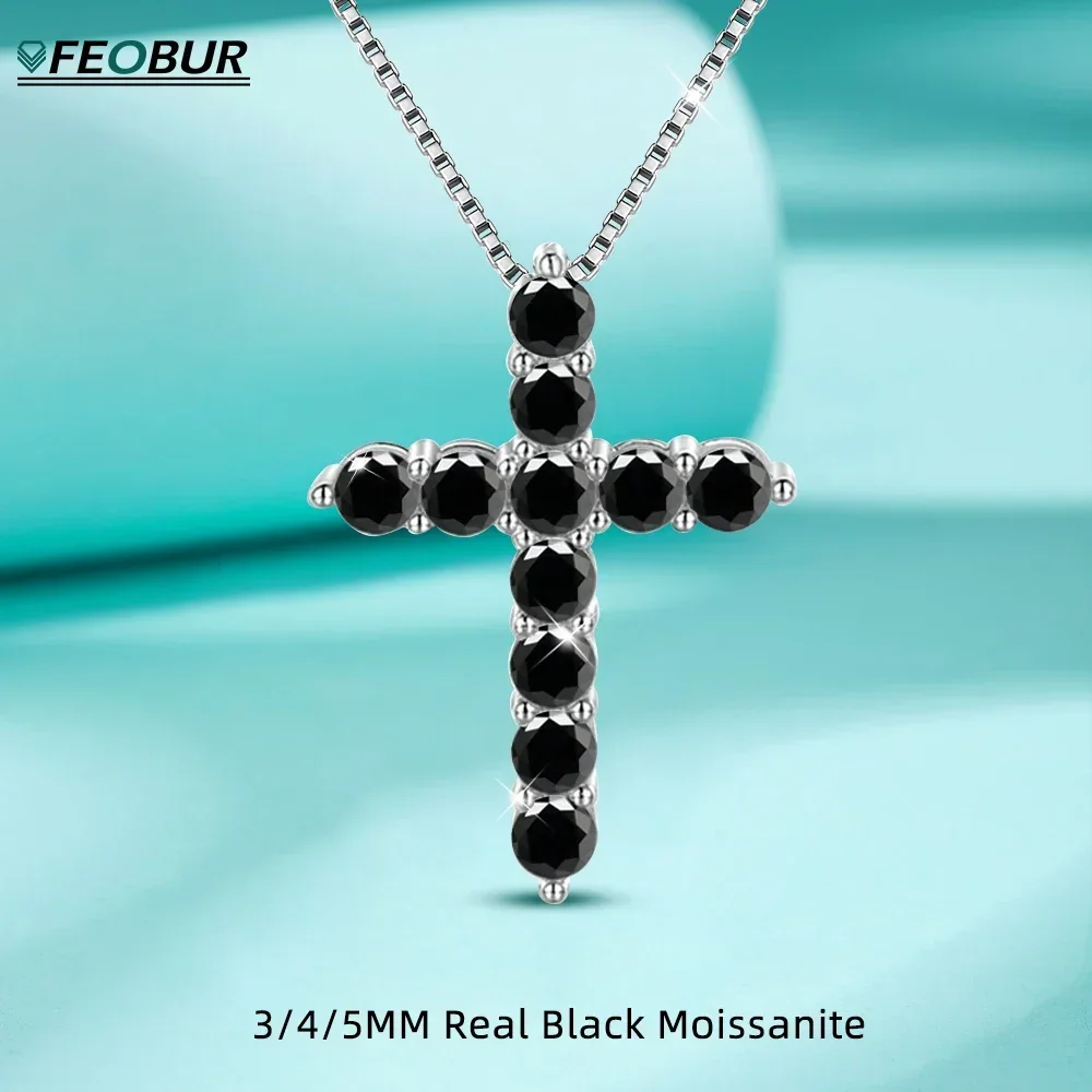 Black Moissanite Jesus Cross Pendant Necklace in Sterling Silver for Women Men Sparking Real Diamond Cross Chain Jewelry Gift