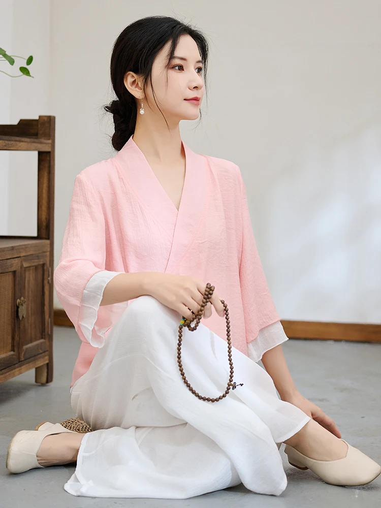 

Новый комплект в китайском дзен-стиле: хлопково-льняной топ и широкие брюки. Женский весенне-летний костюм для йоги и медитации.