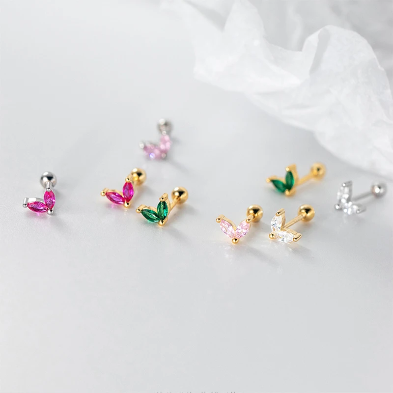 Cute Minimalist Leaf Bud Stud Earrings Shiny Colorful Crystal Screw-Back Tiny Ear Stud Accessory Female Trendy Earring Jewelry