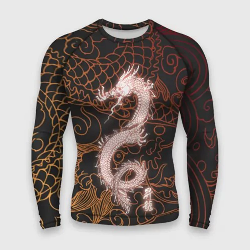 Men Long Sleeved Chinese Dragon Round Neck Cartoon 3D Harajuku Printed Fashionable And Personalized Oversized Loose T-shirt Top