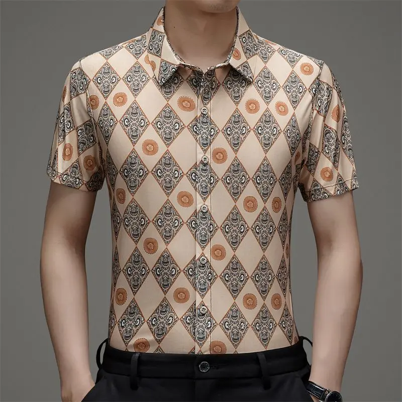 Men's Clothing Summer Turn-down Collar Button Embroidered Geometric Shaped Short Sleeve Cardigan Shirt Casual Retro Fashion Tops