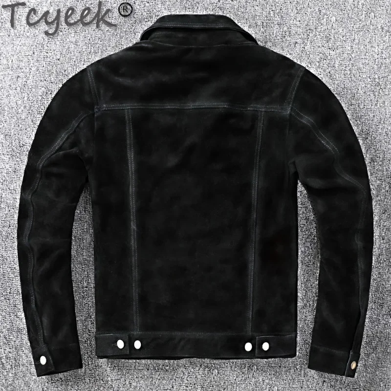 Tcyeek Black Genuine Leather Motocycle Jacket Men Single Breasted Slim Spring Fall Cow Suede Coat Man Clothes Fashion Chaquetas