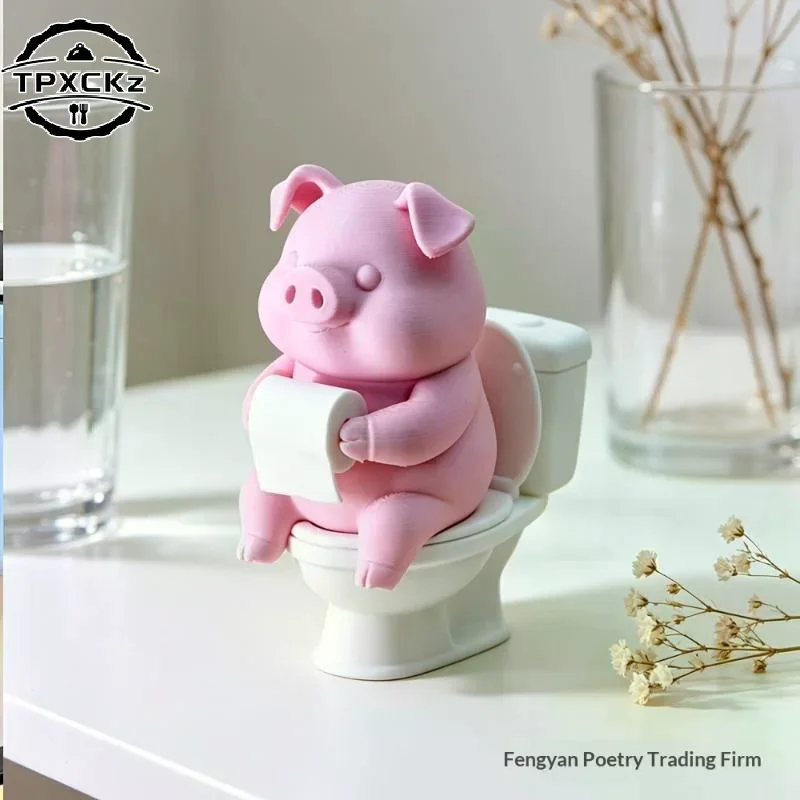 Cute Pig On Toilet Statue Bathroom Decor Wall Mounted Or Tabletop Piggy Figurine For Home Office Desk Shelf Father's Day Gift