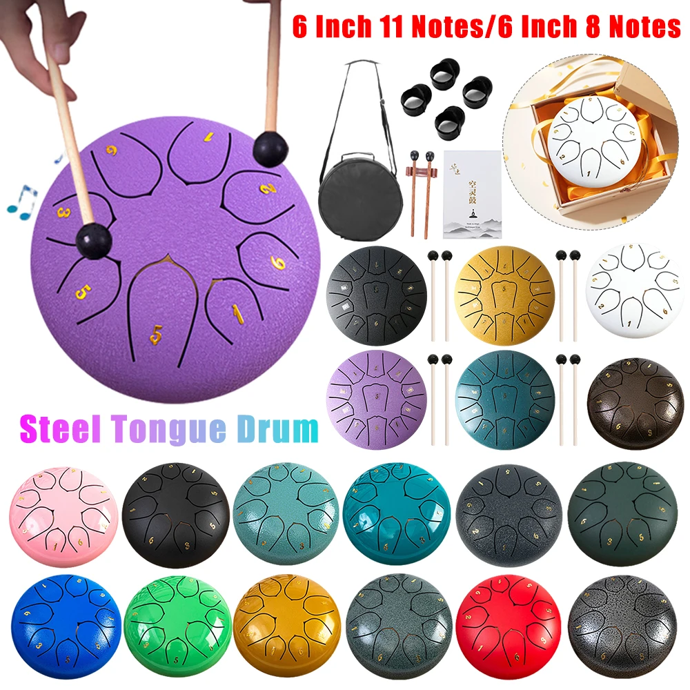 Steel Tongue Drum Rain Drum Hollow Handpan Drum Music Drum 6 Inch 11 Notes/6 Inch 8 Notes Yoga Meditation Percussion Instrument