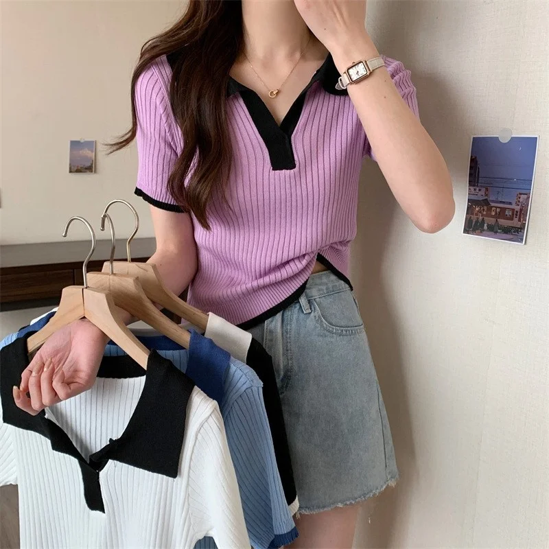 

Retro Color Block Neck Knitwear Short Sleeve Slim Fit Waist Cinched T-Shirt Stylish Unique Chinese Brand Summer Top