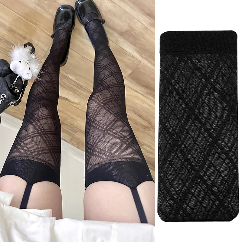 النساء Argyle نمط الحمالة واسعة النطاقات الجوارب لوليتا الفخذ العليا جوارب مع الأربطة Y2K JK كلية فوق جوارب طويلة