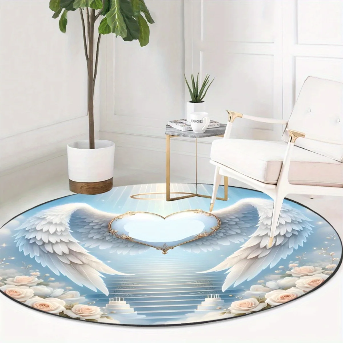Heaven White Angel Wings Pink Rose Circular Area Rug  Golden Frame Heart Sky Stairs Print Round Mat Dreamy Home Decor Rug