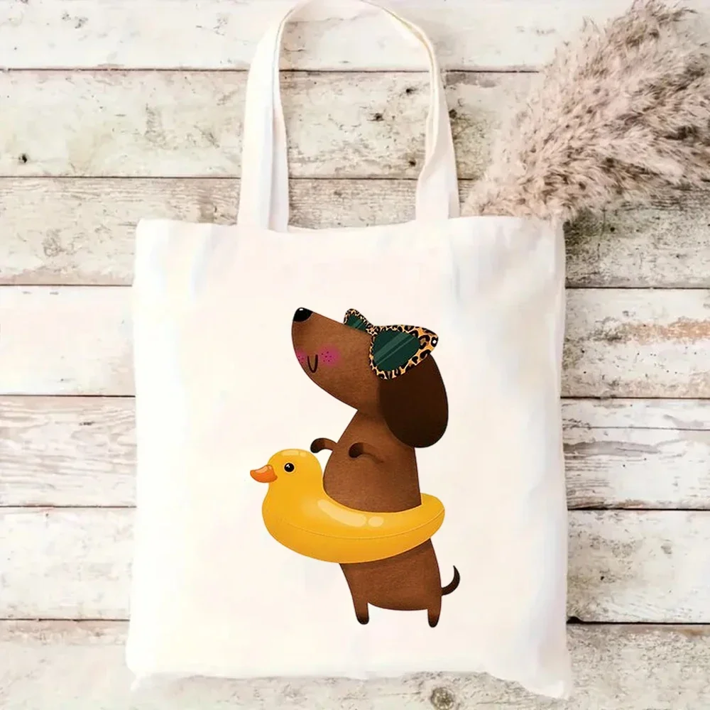 Happy Dachshund Print Canvas Tote Bag Cute Cartoon Sausage Dog Reusable Shopping Shoulder Bag Pet‑lover Women Daily Handbag