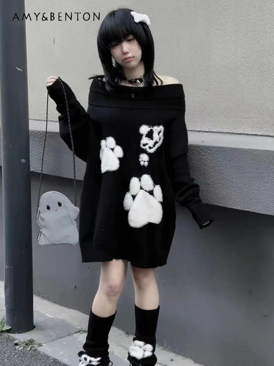 Japanese Sweet Off-Shoulder Gothic Embroidery Knitted Sweater Women Harajuku Loose Slim Sexy Sweaters Preppy Style Y2K Pullover