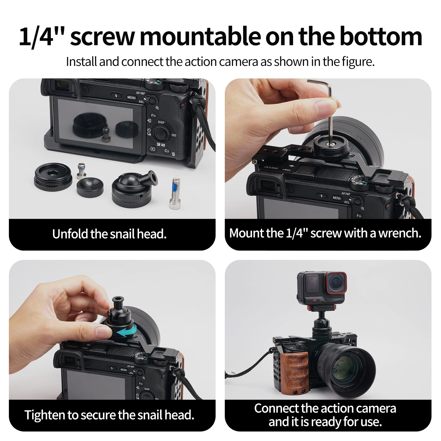 1/4 Zoll Kugelkopf Drehbare Schneckenklemme aus Aluminium 360° ° Panorama-Stativhalterung für DJI Osmo Insta360 GoPro Action-Kamera Zubehör – Detail 10