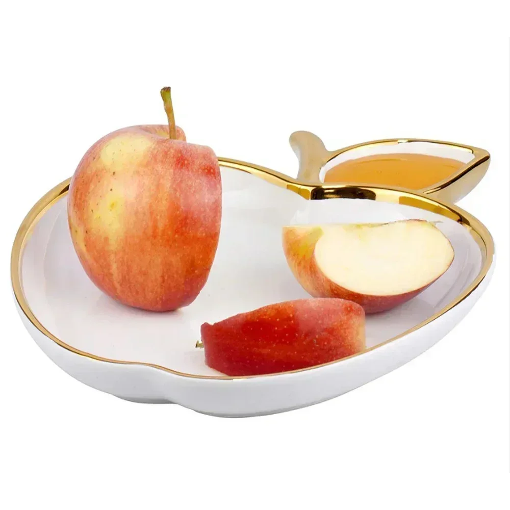 Jucaica Rosh Hashanah danie z miodem jabłkowym, talerzyk deserowy ceramiczna z słoik na miód, żydowska zastawa noworoczna Shana Tova