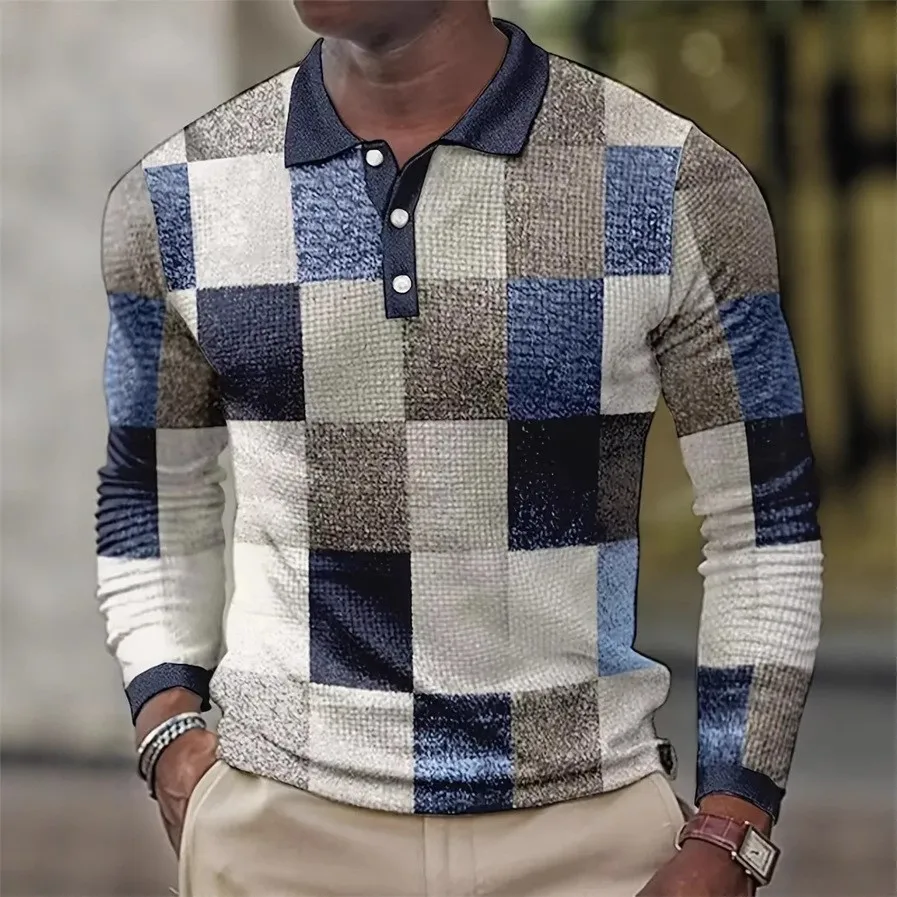 

Мужская одежда в стиле ретро, повседневная рубашка поло с 3D цифровым принтом, мужская спортивная рубашка поло с длинным рукавом, весенне-осенние топы с лацканами, мужские спортивные топы-поло для гольфа