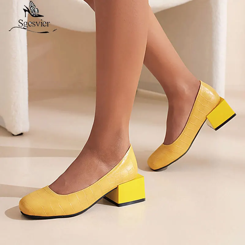 Sgesvier Crocodile Leather Block Heels Pumps for Women Red Green Yellow Chunky Square Heel Office Shoe Big Plus 32-48 Ladies