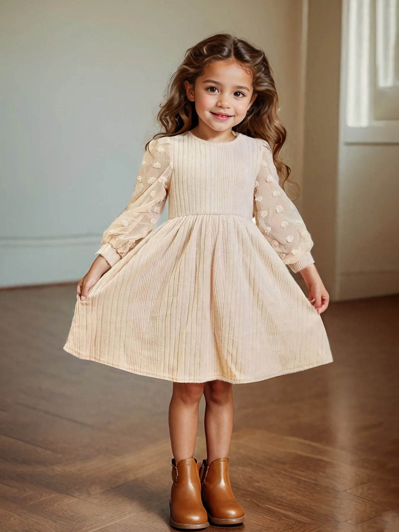Girls' Casual Dress, Chiffon Dress with Small Pom-Poms, Long Sleeves, Round Neck, Puff Sleeves, Fashionable and Simple Dress Suitable for Children Aged 4-11, Suitable for Home, Outings, School, and Various Occasions