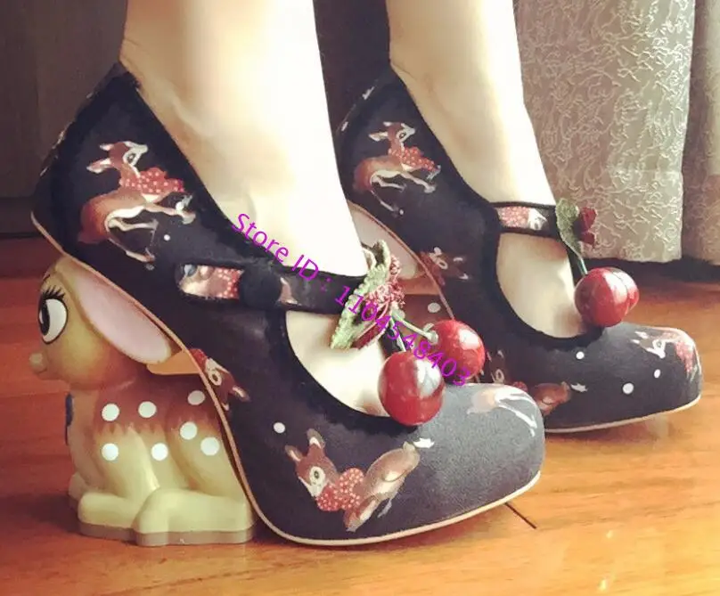 

Design Lady Buckle Strap Deer Printing Leather Pumps Irregular Little Deer Heel Shoes Cherries Deer Heel Mary Jane Shoes