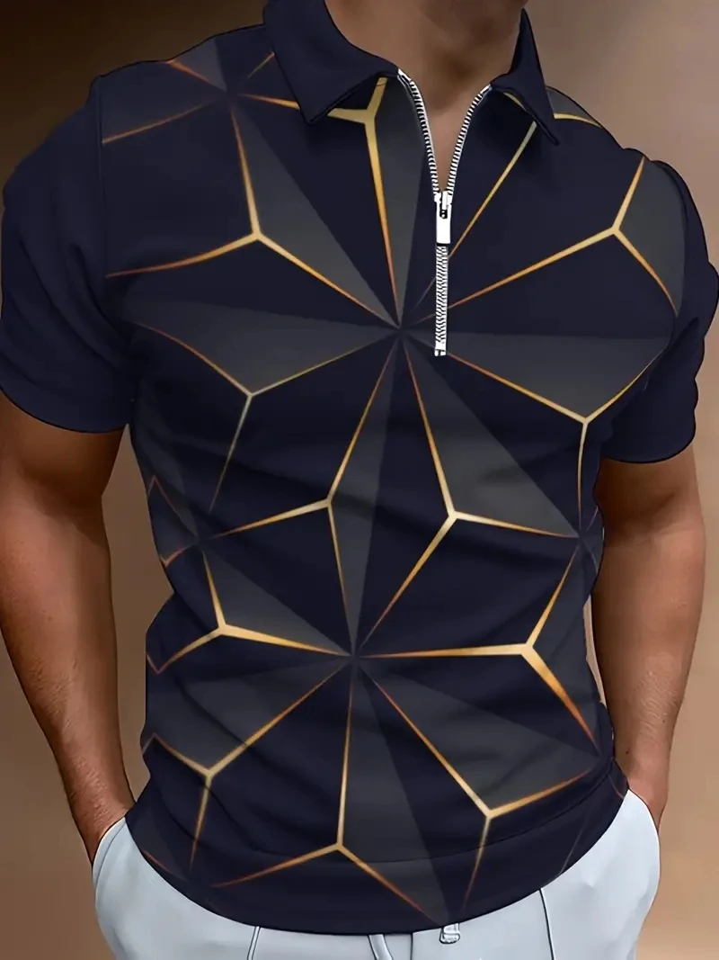 New Men's Zipper Polo Shirt Neon Triangle 3D Printed Retro Men's Short Sleeve Plus Size Street Summer Zipper Polo Shirt