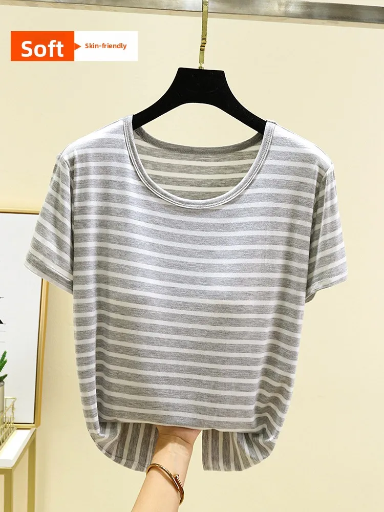 Women's round Ne ort Sve T-irt Modal Thin Summer Striped Base irt Slimming Top Casual Sle Regular Length