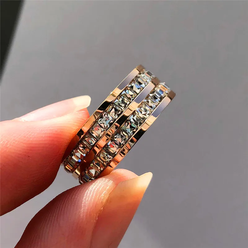 Luxury Rose Gold Color Double Row Square Zircon Stainless Steel Ring For Women Romantic Engageme Wedding Party Jewelry Female