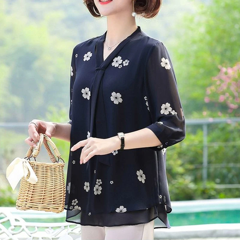 Women\'s Clothing Bow Tie Floral Print Elegant Fashion Blouses Summer V Neck Three Quarter Sleeve Ladies Tops Loose Casual Shirts