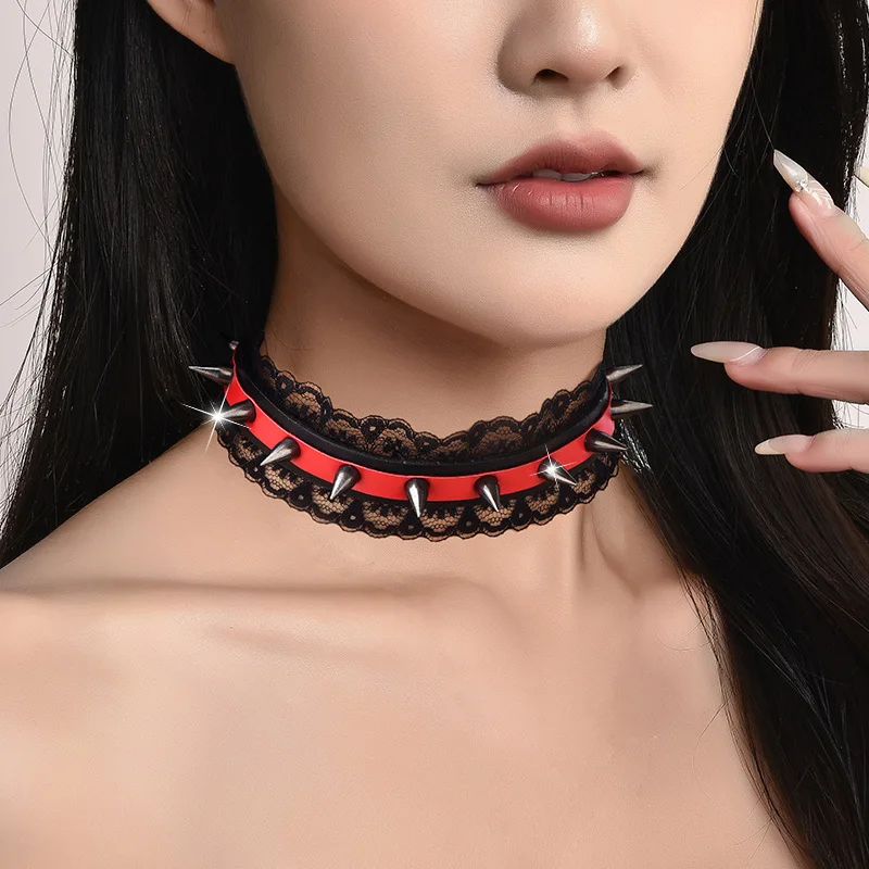 

Leather, lace, fringed, rock and roll personality KTV neck ring, stylish and trendy collar
