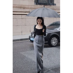 MEXZT Elegant Slit Midi Skirts Women Streetwear High Waist Suit Skirt Office Lady Korean Fashion Grey Black Slim Pencil Skirts