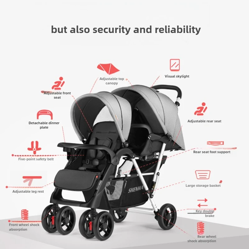Lightweight Twin Baby Stroller The Baby Stroller Can Sit or Lie Down Collapsible Front and Rear Seat Twin Stroller