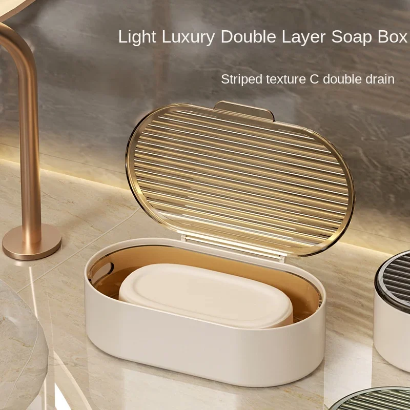 Double-layer Soap Box Household Bathroom Non-punching Hollow Drain Soap Box with Cover Dust SoapBox Holder