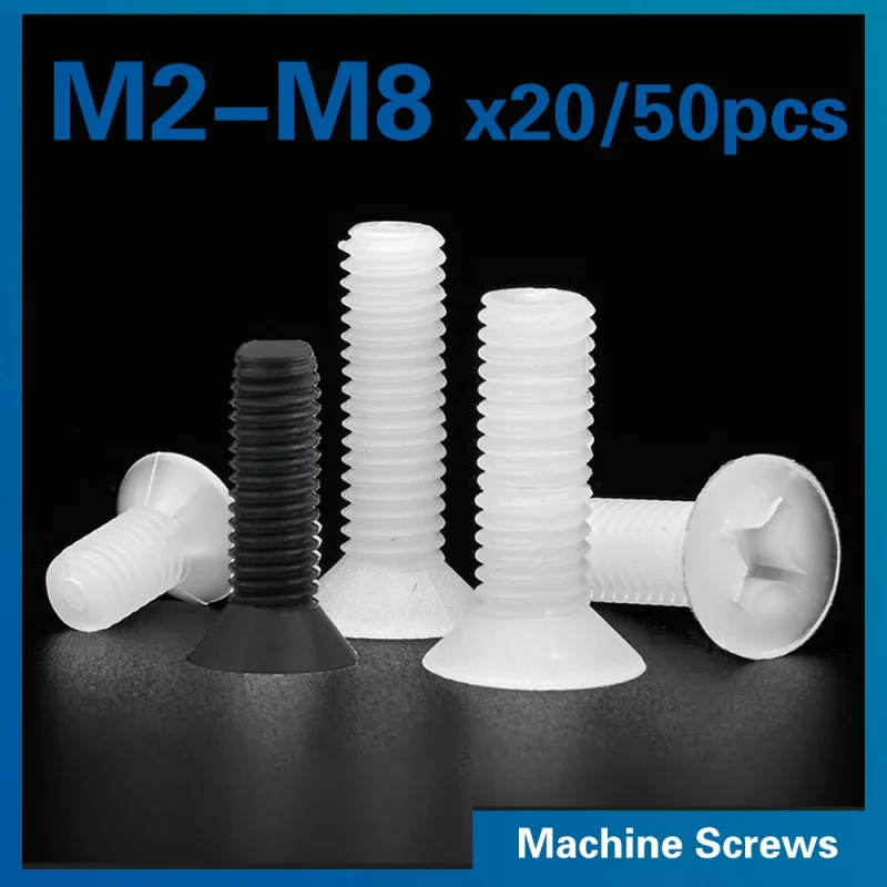 20/ 50pcs M2 M2.5 M3 M4 M5 M6 M8 White Plastic Nylon Countersunk Head Screws Phillips Flat Head Bolts