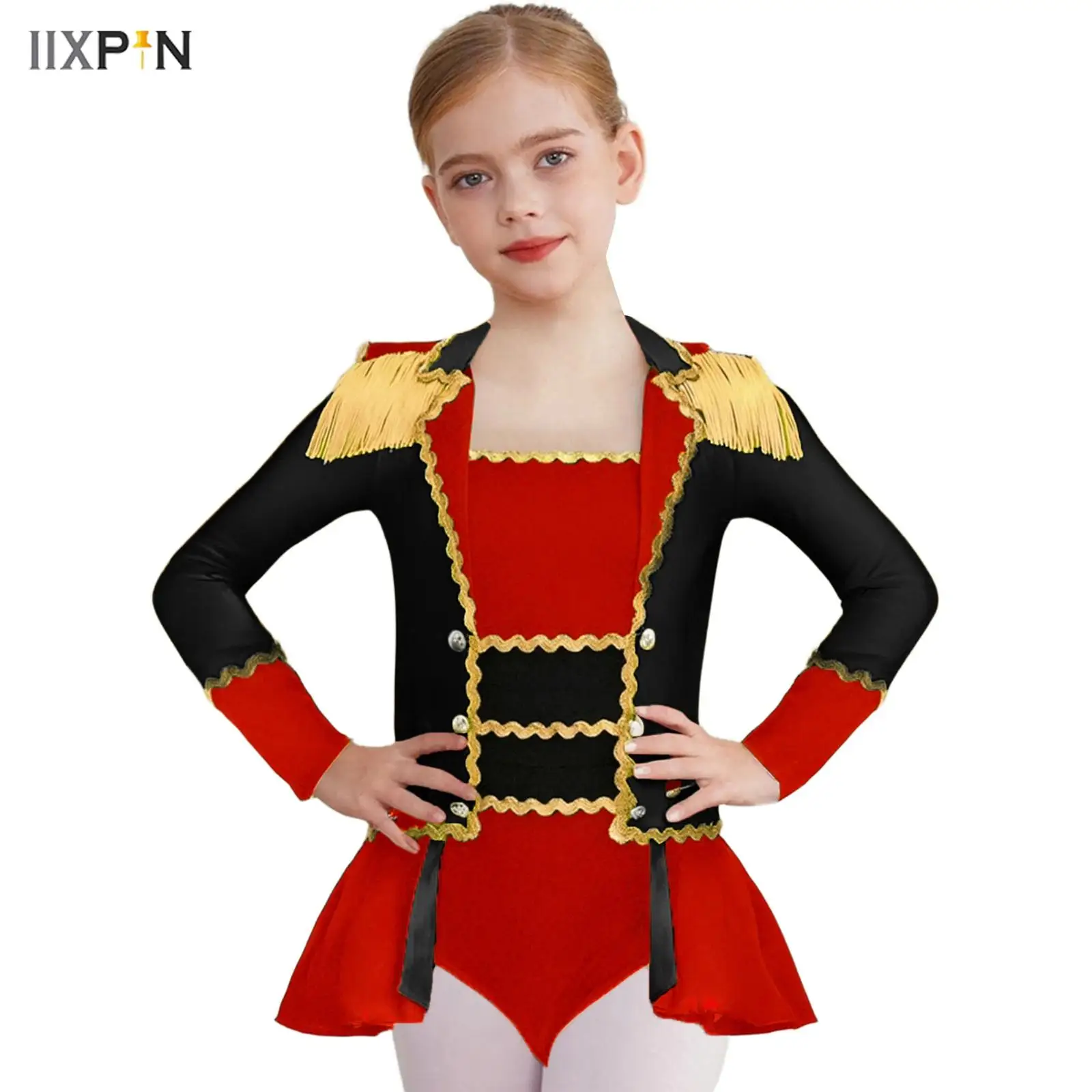 

Girls Circus Dress up Costumes Color Contrast Gold Webbing Trim Long Sleeve Shoulder Epaulets Tassels Pleated Overlay Jumpsuit