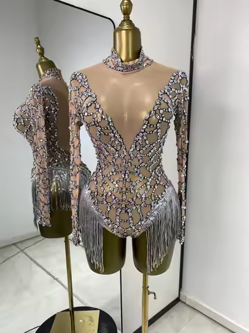 Women Nightclub Performance Costumes Sparkly Rhinestones Tassel See Through Dance Latin Leotard Dress Evening Club Party