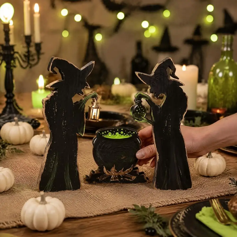 Desktop Shelf Witch Figurine Set 3pcs Halloween Witch Cauldron Lantern Set Rustic Wooden Potion Bottle for Home for Halloween
