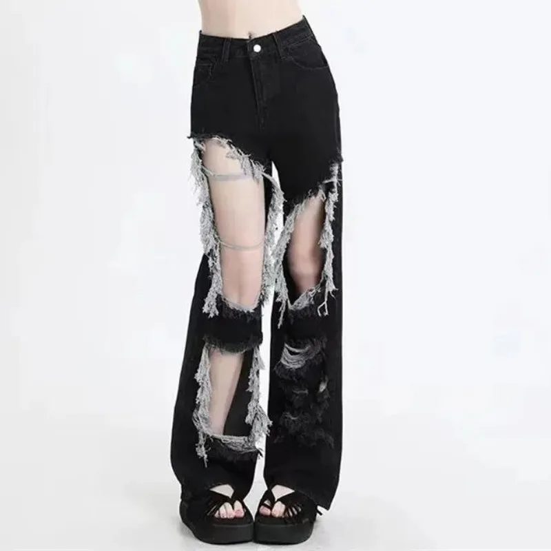 Female Spring and Summer Tide High Waist Beggar Fried Street American High Street Spice Girl Black Hole Straight Leg Loose Jeans