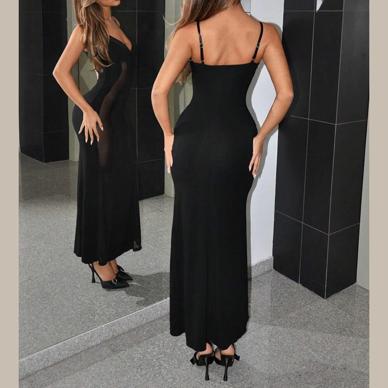 Maxi Mermaid Dress Spaghetti Strap Deep V Sheer Panel Bodycon Slim Backless Outfit For Night Club Cocktail Evening Date Clubwear