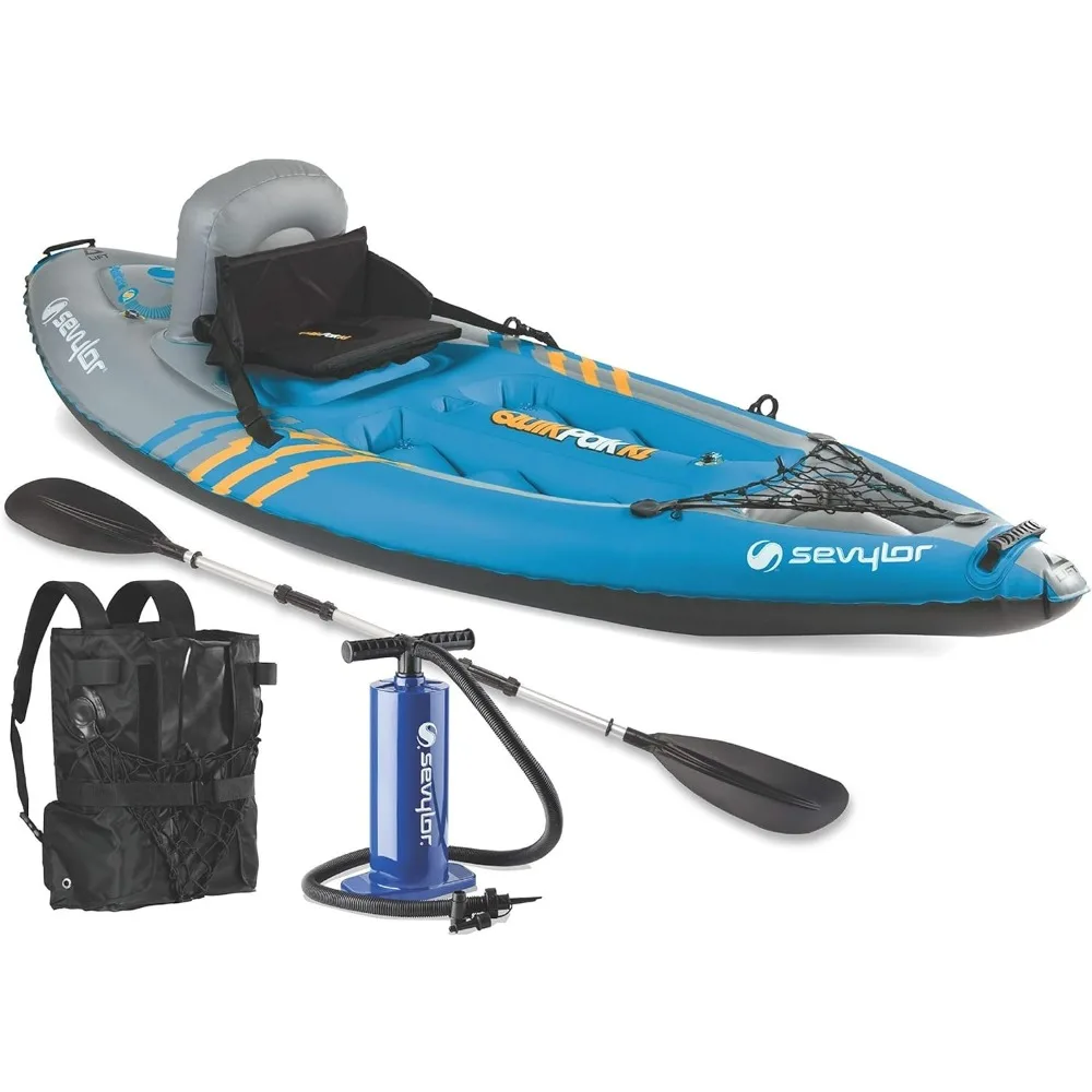 QuickPak K1-Kayak inflable para 1 persona, Kayak plegable en mochila con configuración de 5 minutos, construcción de PVC de calibre 21, bomba de mano