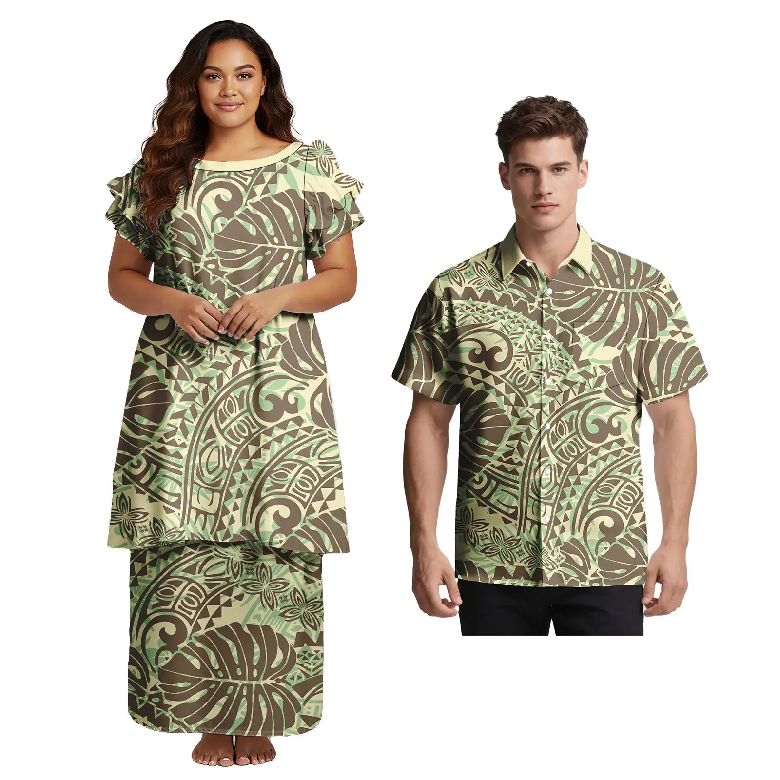 Couple Sets Two Pieces Hawaii Polynesian Tribal Print Plus Size Ladies Church Elegant Dress Match Men Aloha Shirts